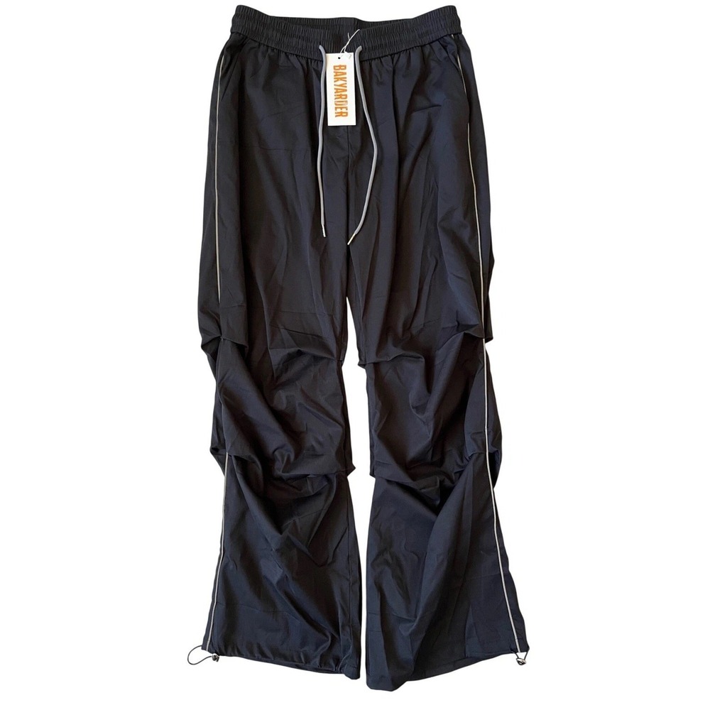 NEW! Bakyarder Womens Black Parachute Pant Baggy Y2K Streetwear Track Trousers L